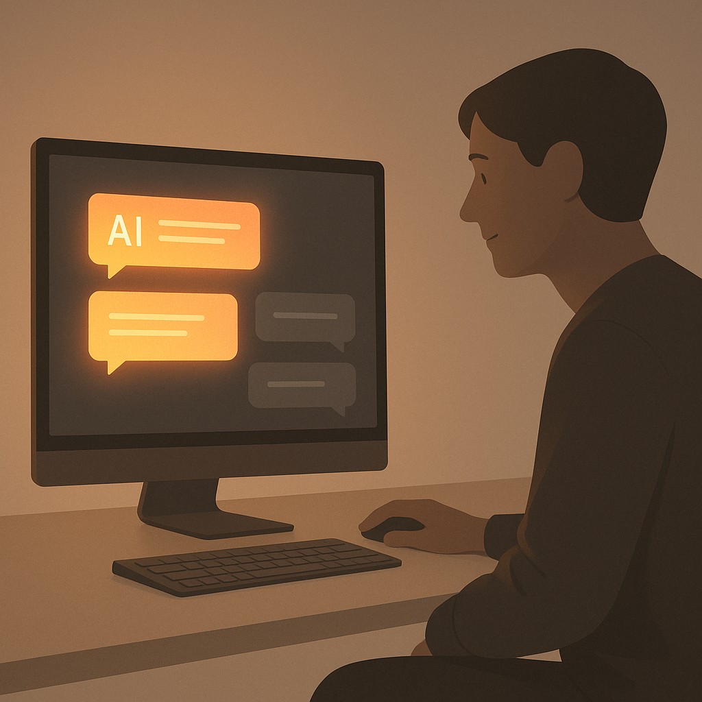 Chat interface with warm glowing AI messages and user leaning in comfortably, highlighting how to Set boundaries with AI