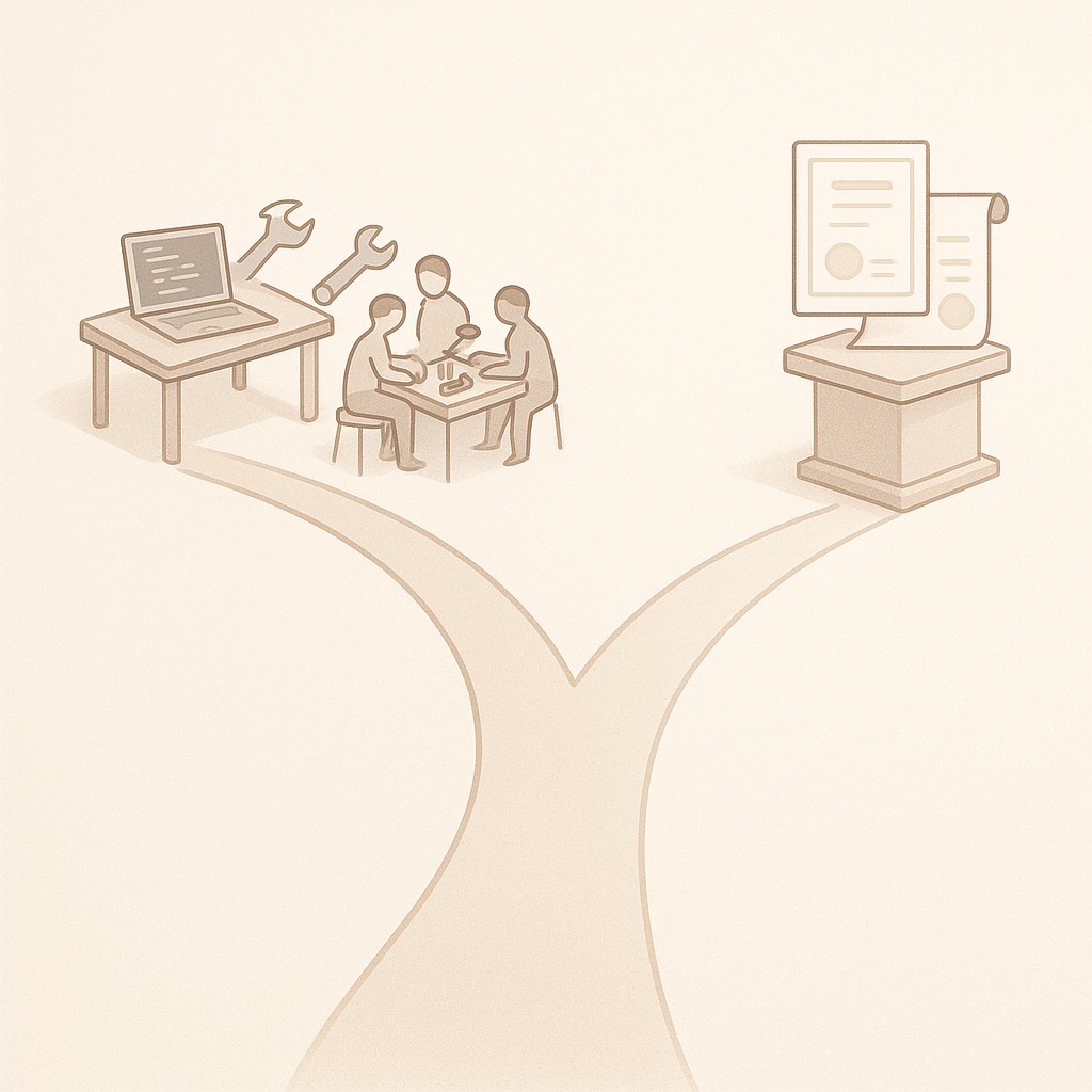 Fork in path: skills vs credentials for engineers—tools on one side, diplomas on the other