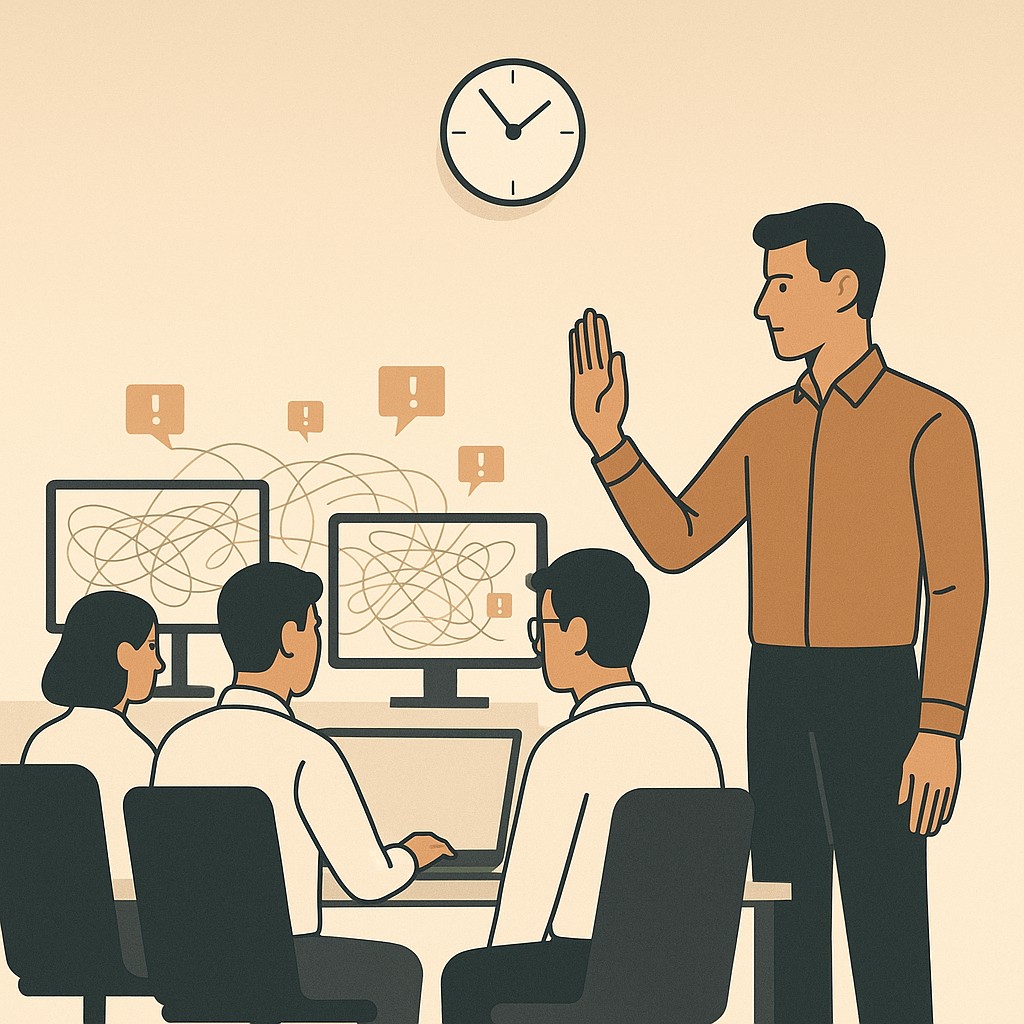 Engineers slow down to speed up under pressure, one signals a team pause during a tense software crisis