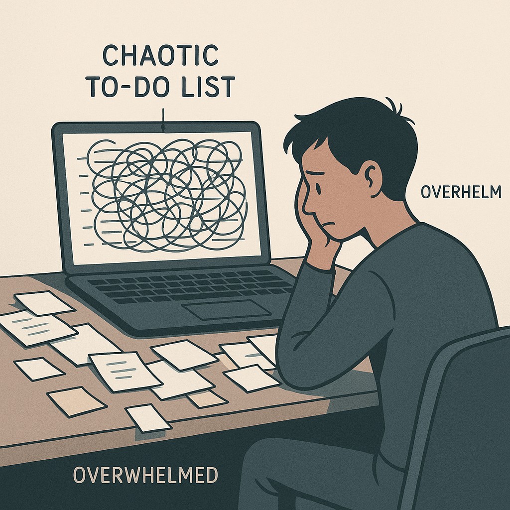 Person at desk frowning at a chaotic, scribbled to-do list filling screen and workspace, symbolizing small steps for big goals
