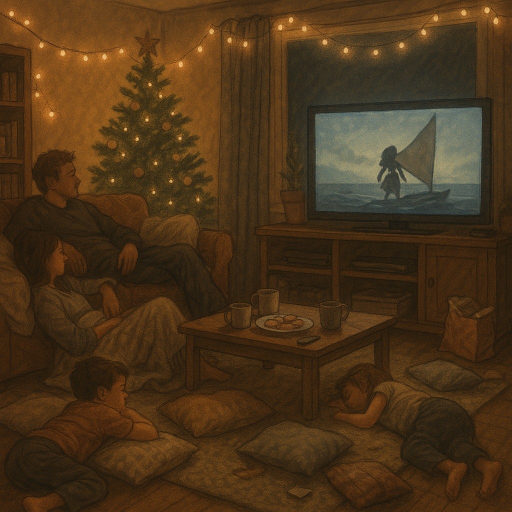 Cozy family living room with half-eaten holiday snacks, rumpled blankets, and Moana playing quietly on the TV—a start before you're ready moment of reflection