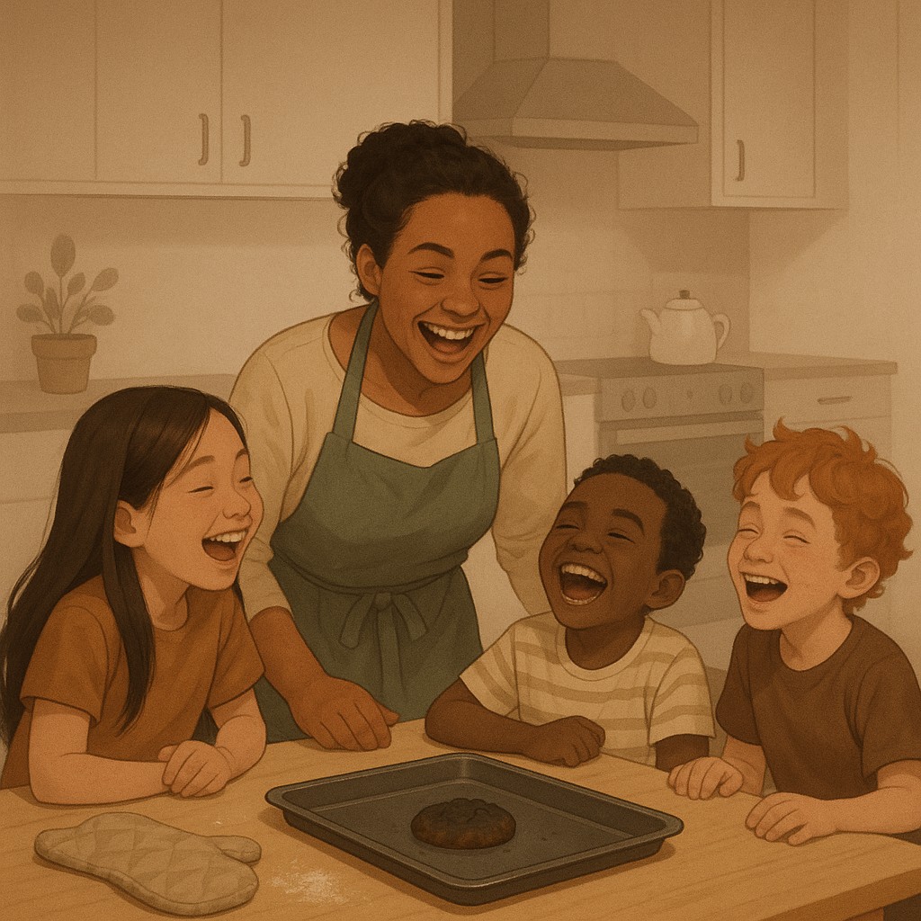 Children and adult laughing around kitchen table with a burnt cookie in cozy surroundings—a reminder to stay present during busy season