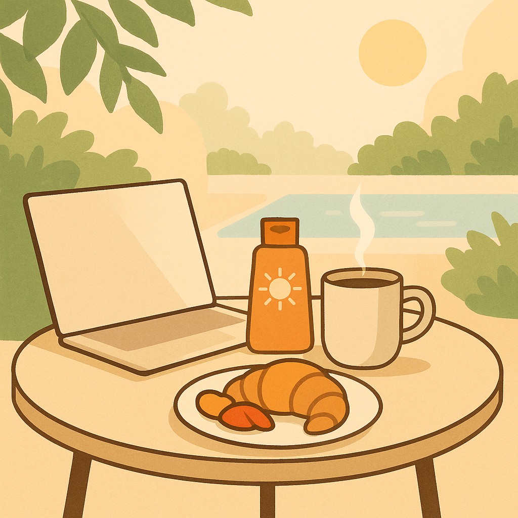 Vacation breakfast table with laptop, sunscreen, coffee, and simple breakfast showing how to stay productive while offline
