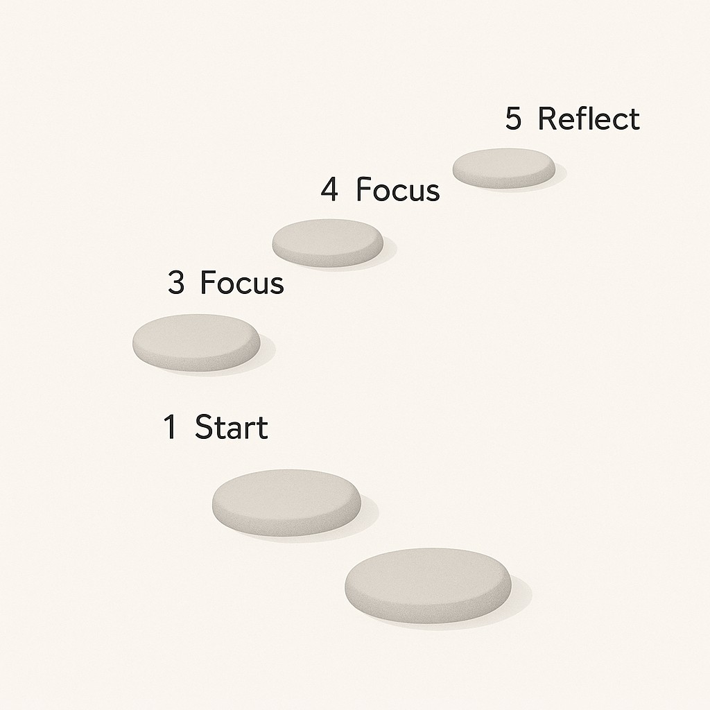 Five labeled stepping stones arranged in a simple curved path to illustrate how to stop procrastinating on goals with small, sequential actions