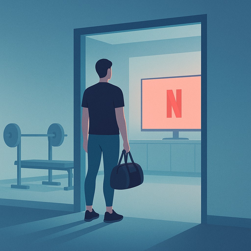 Person at gym entrance using Netflix as a post-workout reward to stop procrastination with temptation bundling