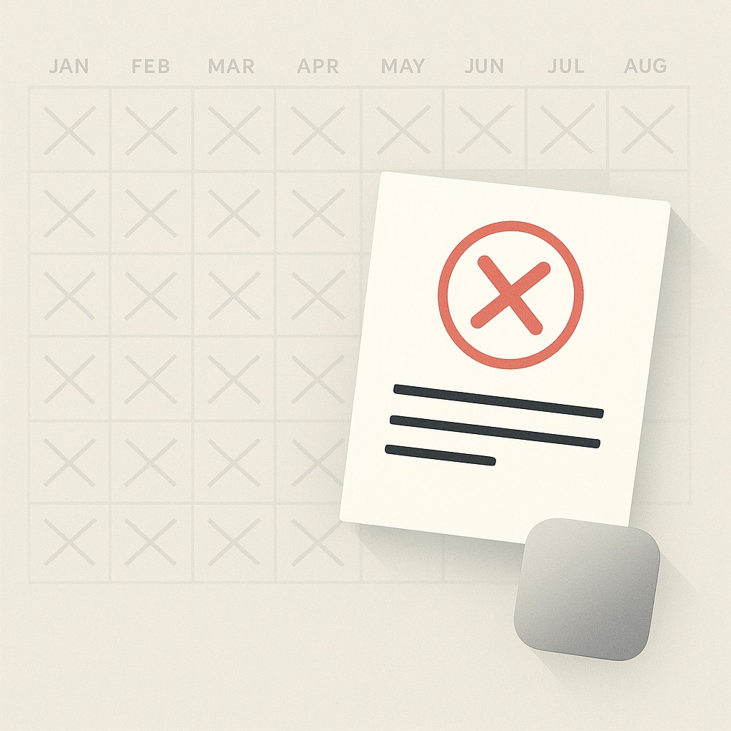 Faded calendar with crossed-out months and a rejection notice stamped over an app icon—a reminder to stop waiting to launch