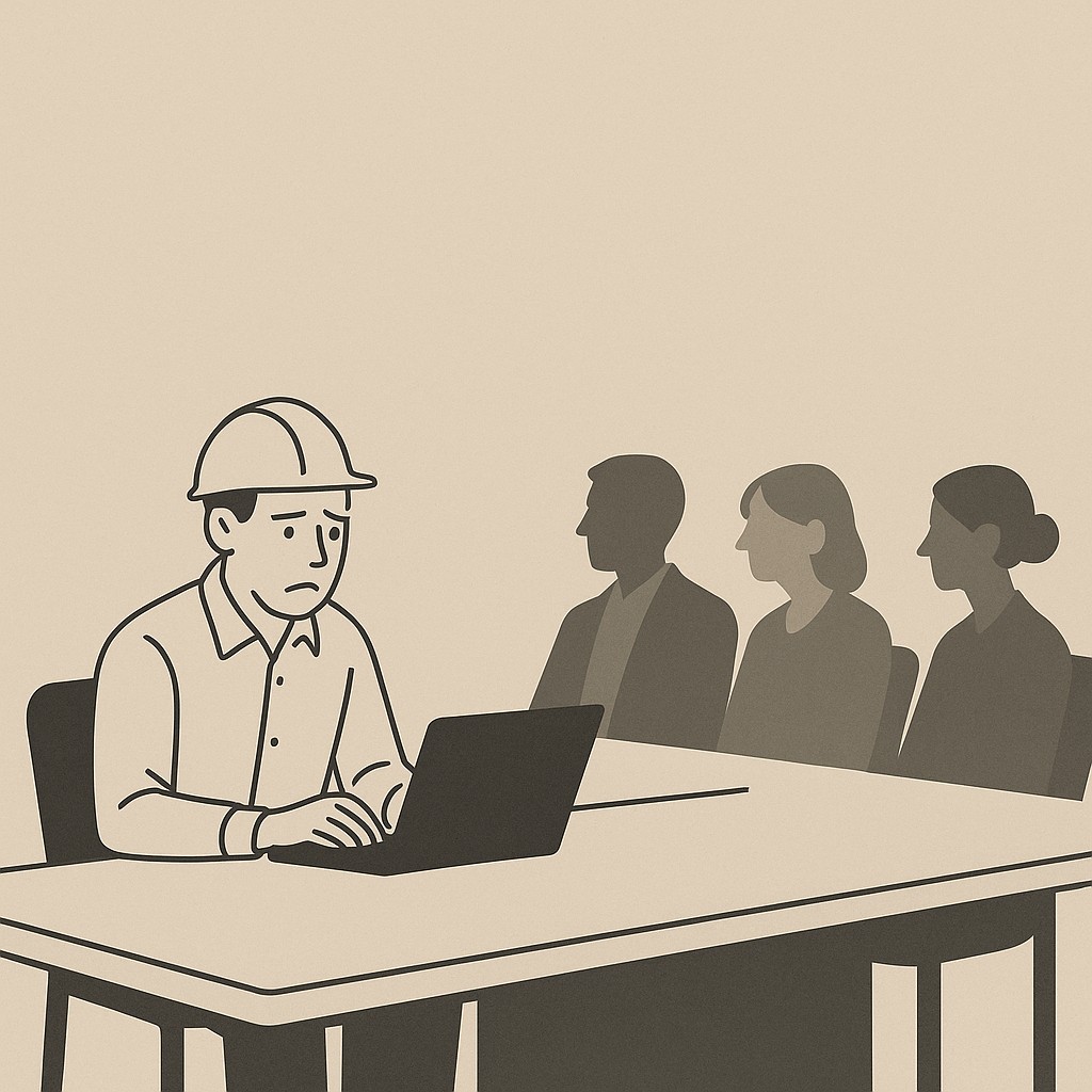 Engineer at conference table facing disengaged stakeholders, laptop open, illustrating storytelling for stakeholder buy-in in a tense, quiet room