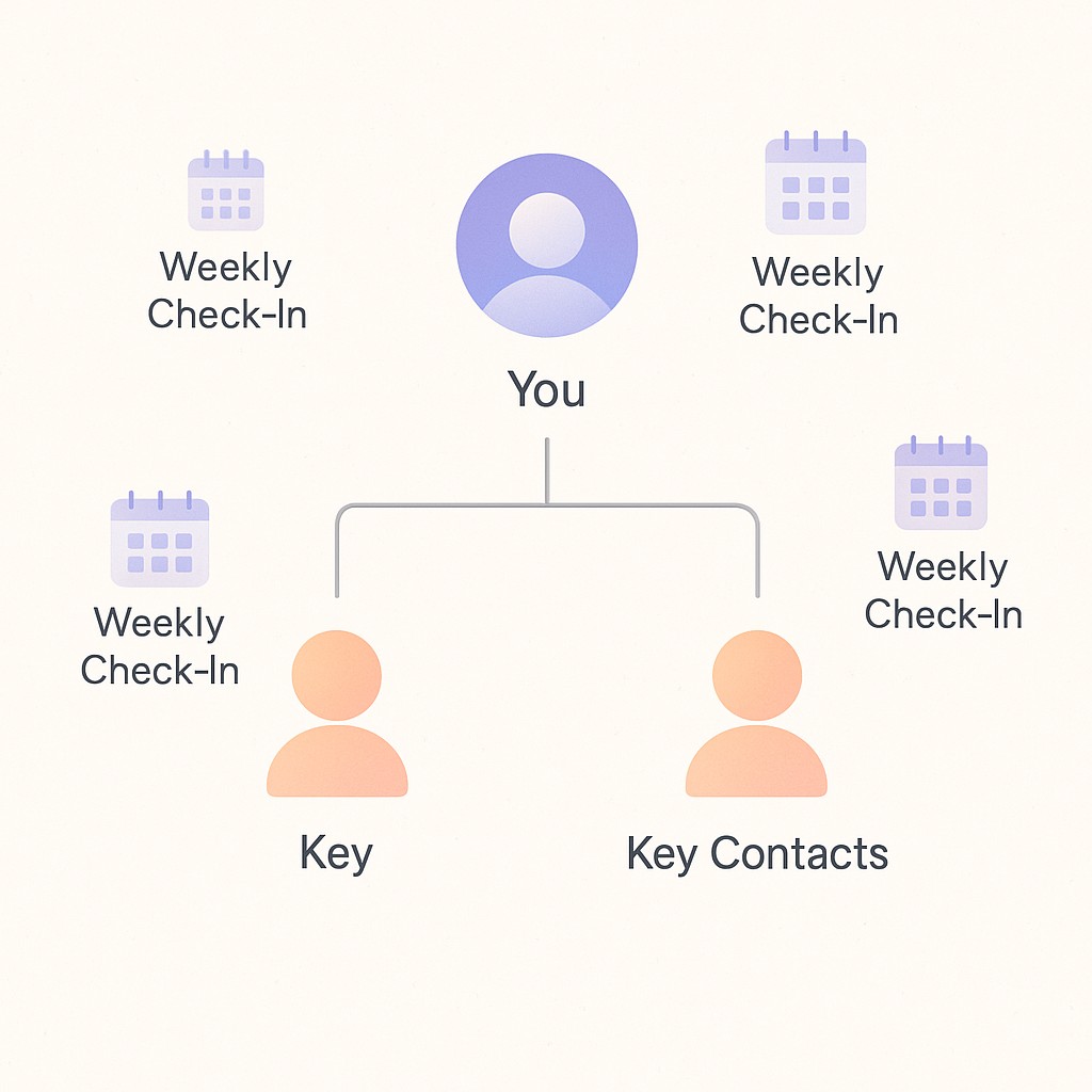 Network diagram illustrating sustainable engineering career growth with a central figure linked to key contacts and calendar symbols for weekly check-ins