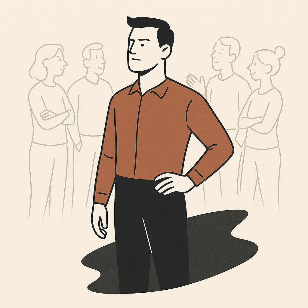 Confident teammate with a subtle shadow suggesting hidden weight, background figures unaware, highlighting the need for a sustainable pace for engineering teams