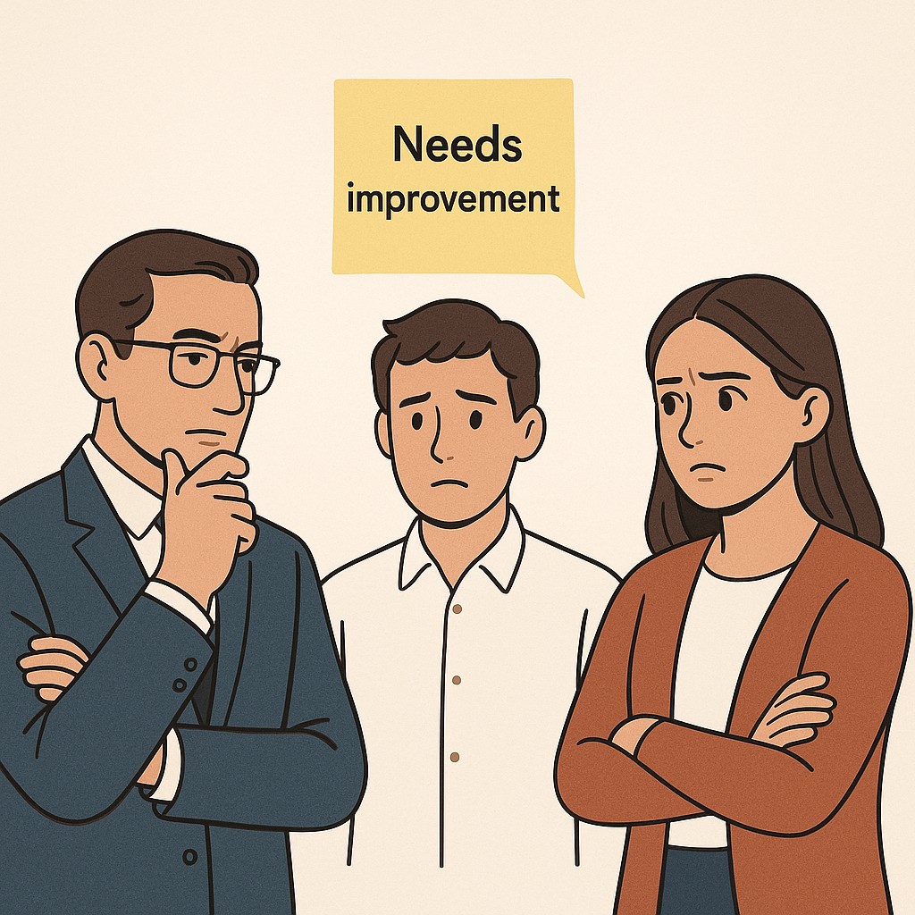 Three people in different roles showing unique reactions to the same feedback note—how to tailor feedback across levels