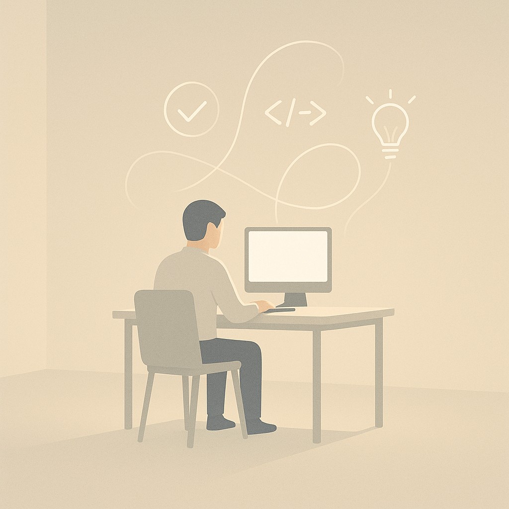 Lone figure at desk surrounded by glowing code in a quiet, empty workspace, symbolizing technical storytelling for buy-in