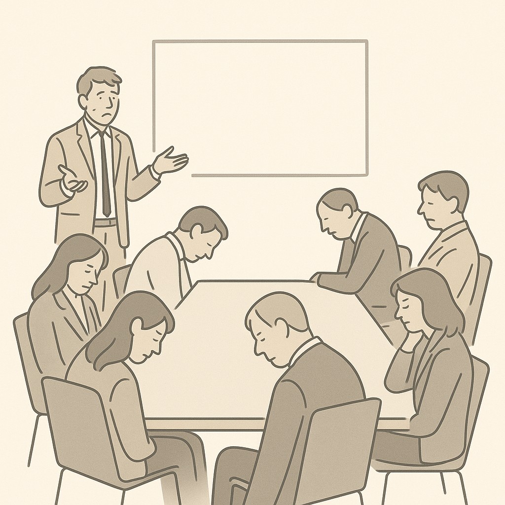 Meeting room with disengaged listeners as a presenter struggles without technical storytelling for stakeholder buy-in, facing blank stares
