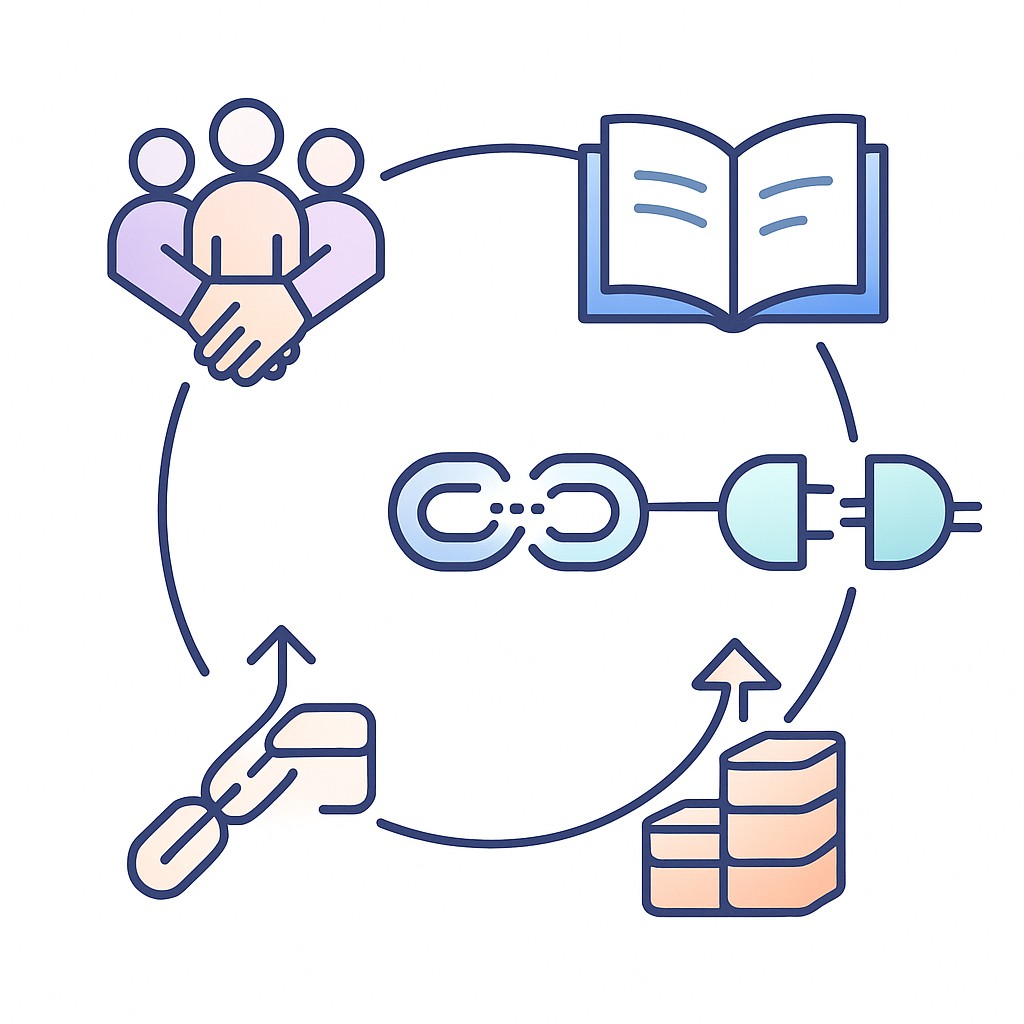 Five interconnected icons illustrating a technology selection framework: team adoption, documentation, integration, switching costs, scalability linked in a chain