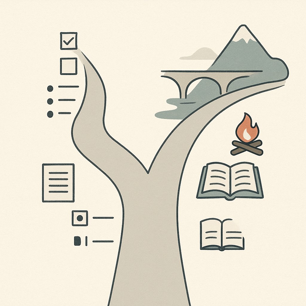 Forked path illustrating how to tell better technical interview stories: checklist side versus dramatic, winding narrative side