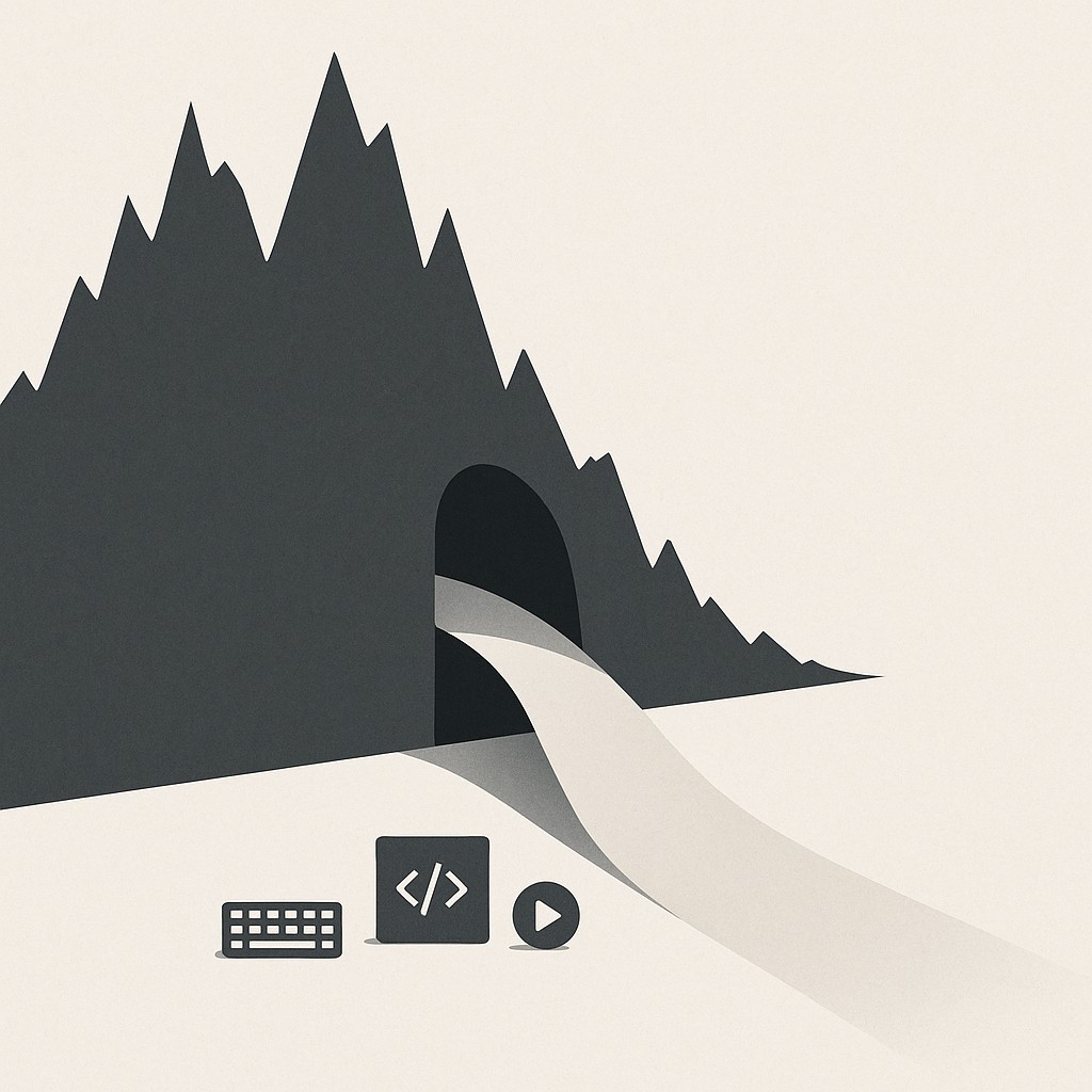 Tiny habits for software engineers illustrated as a jagged energy barrier with a smooth ramp cut through, a tiny keyboard and code window at entry