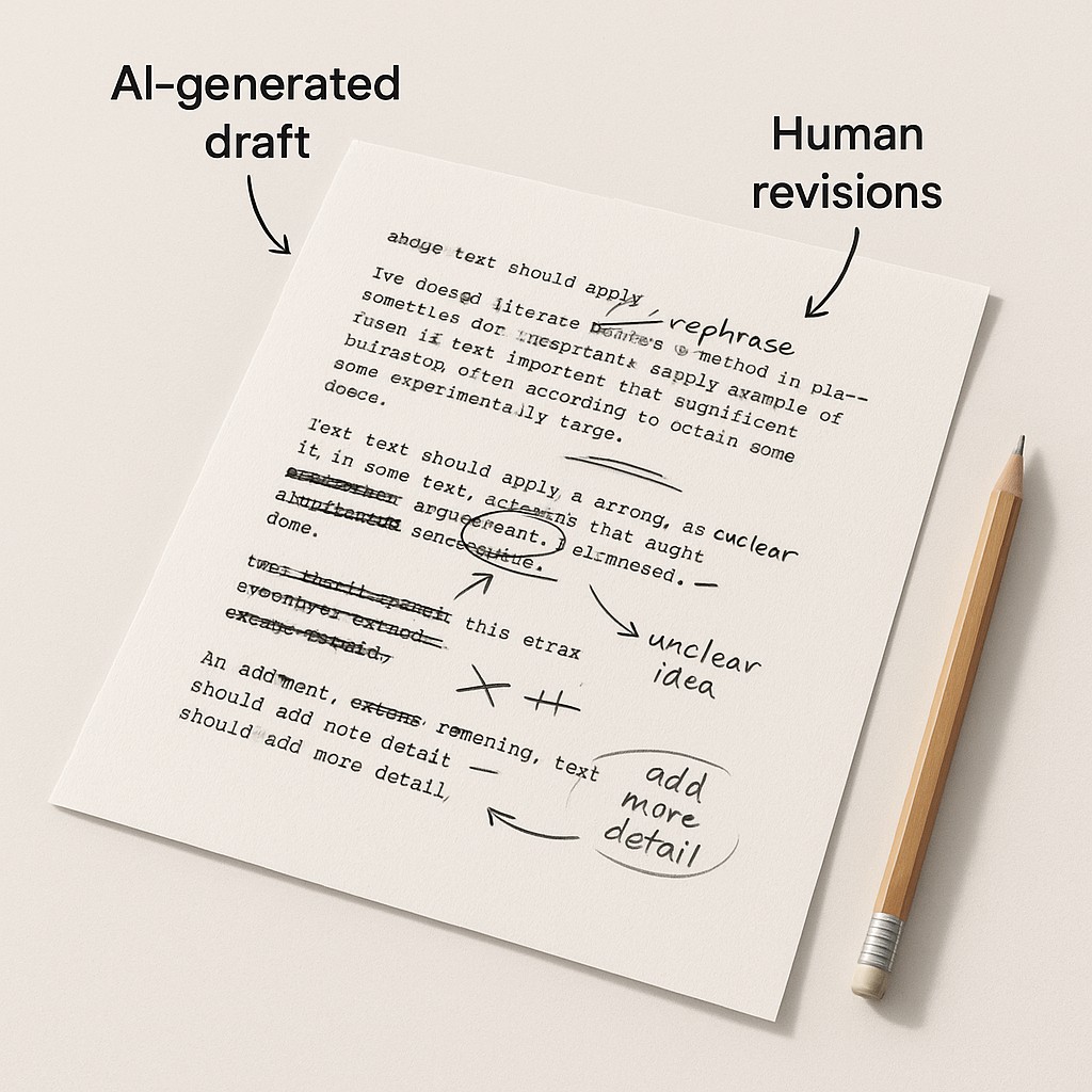 use AI for first drafts: AI-typed draft page with visible handwritten edits, arrows, and margin notes inviting revision