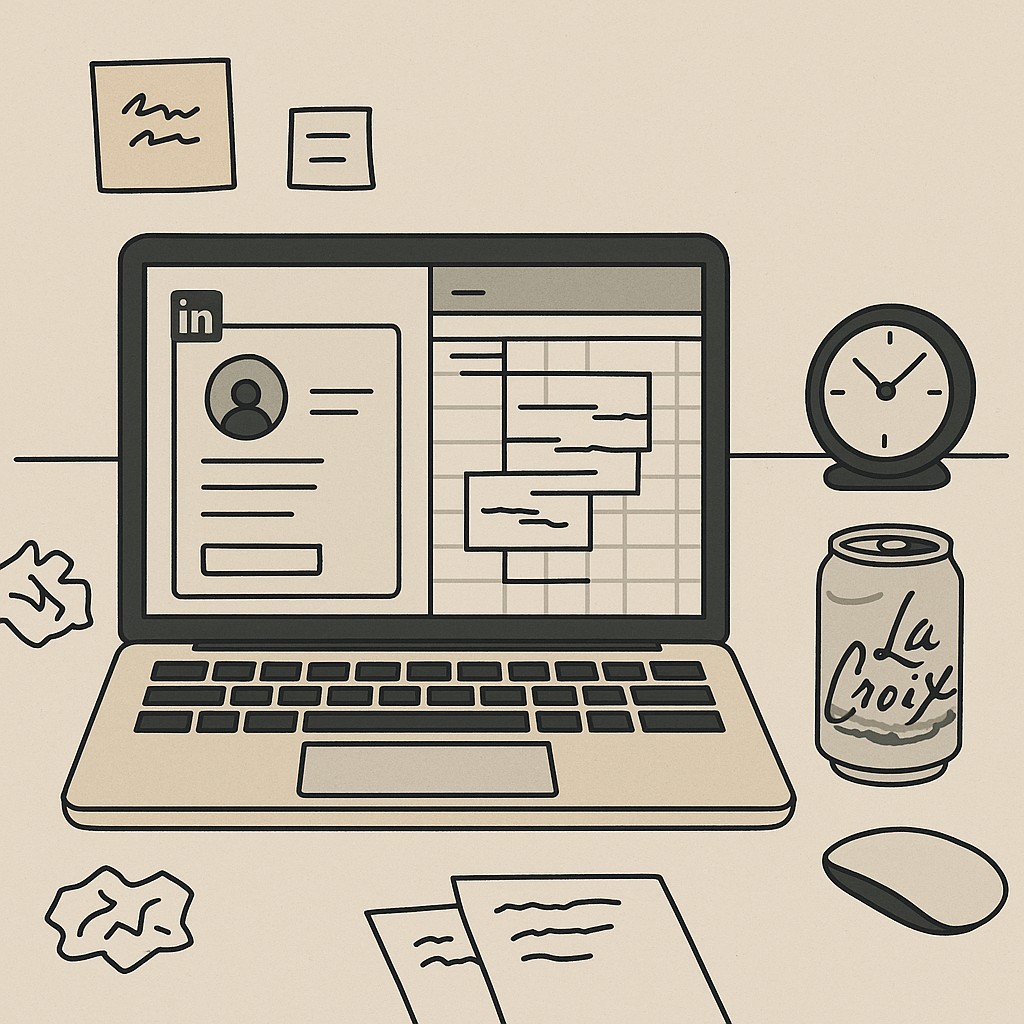 Laptop with LinkedIn open, messy spreadsheet, La Croix can, and clock on a cluttered desk illustrating when not to automate