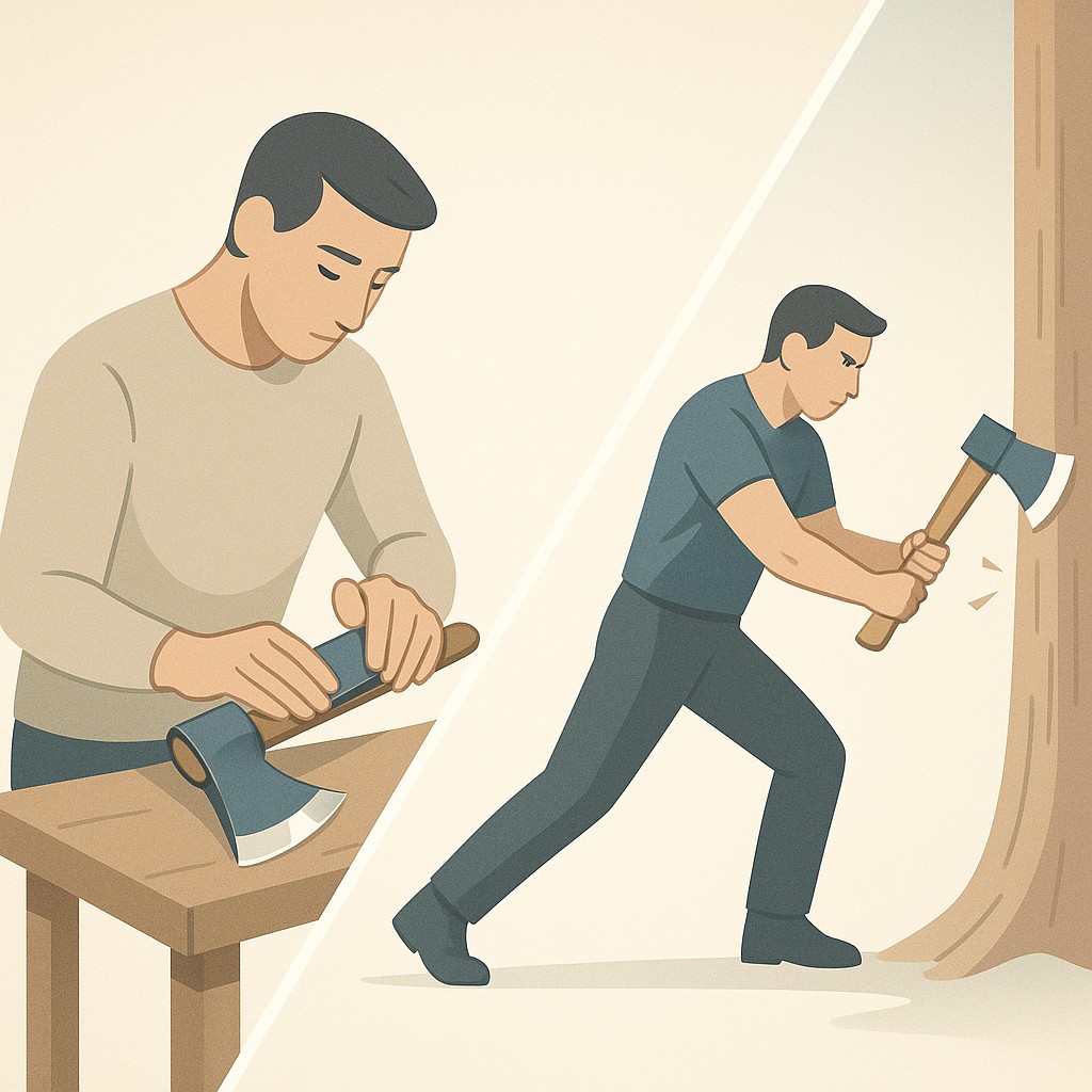 When preparation becomes procrastination: a person sharpens an axe on one side, another chops a tree on the other, clear contrast in action and intent