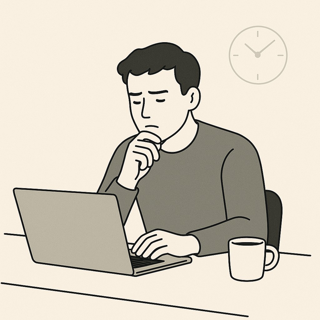 Engineer at desk pausing over laptop, considering when to ask for help; coffee nearby, signs of time passing and subtle frustration