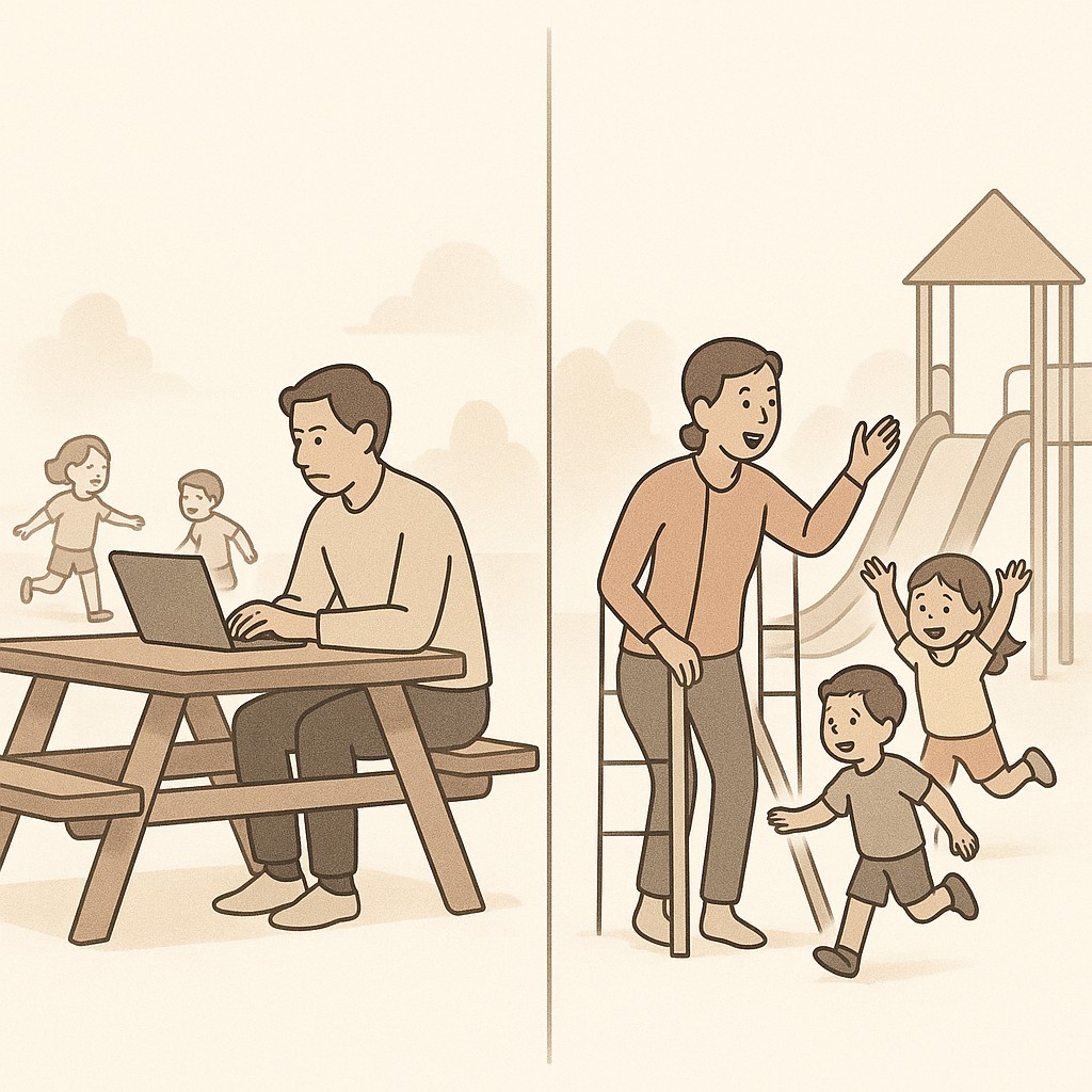 Parent practicing work life balance time blocking, switching between working at a picnic table and playing with kids on the playground