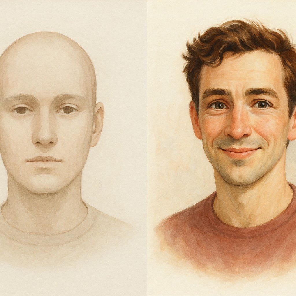 Write authentic content with AI: two faces side by side, one generic and one vivid with personality