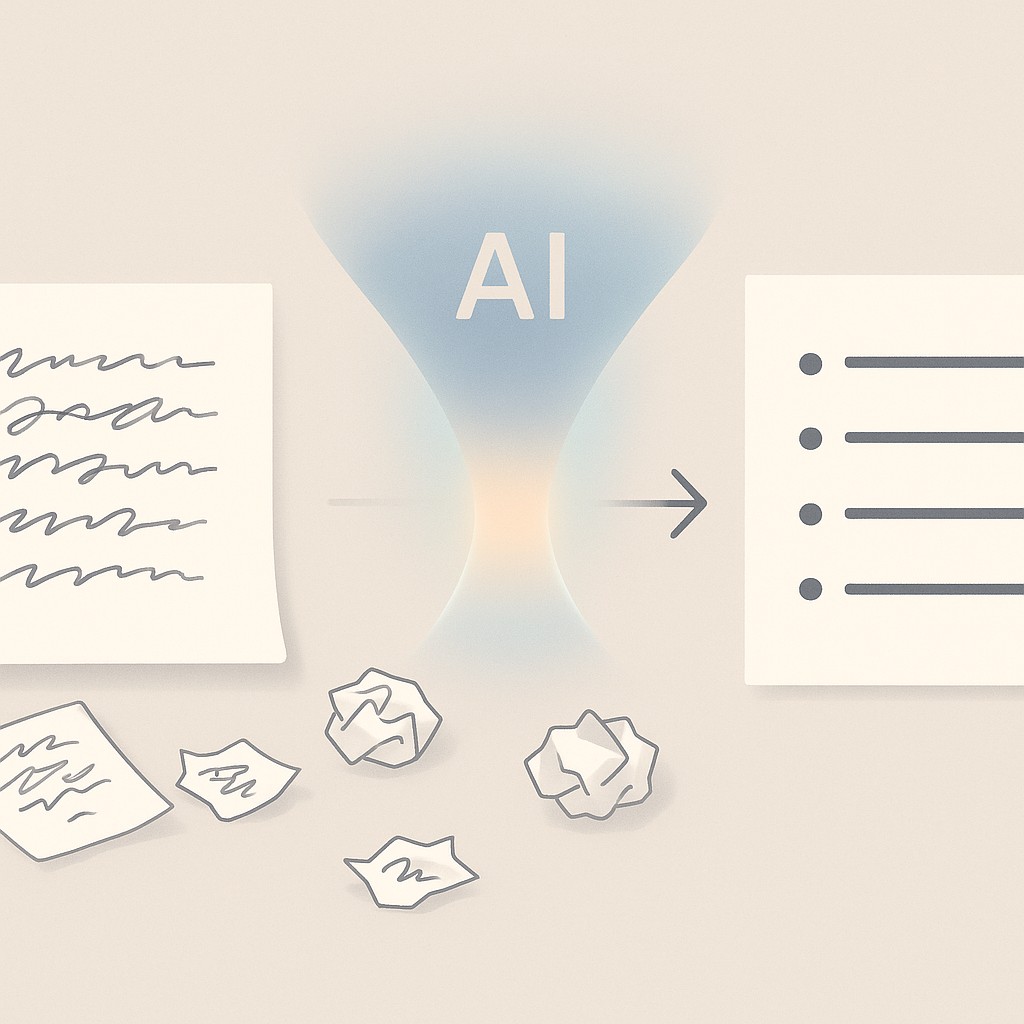 Scribbled notes refined to write clearly with AI into a neat bulleted summary on clean paper