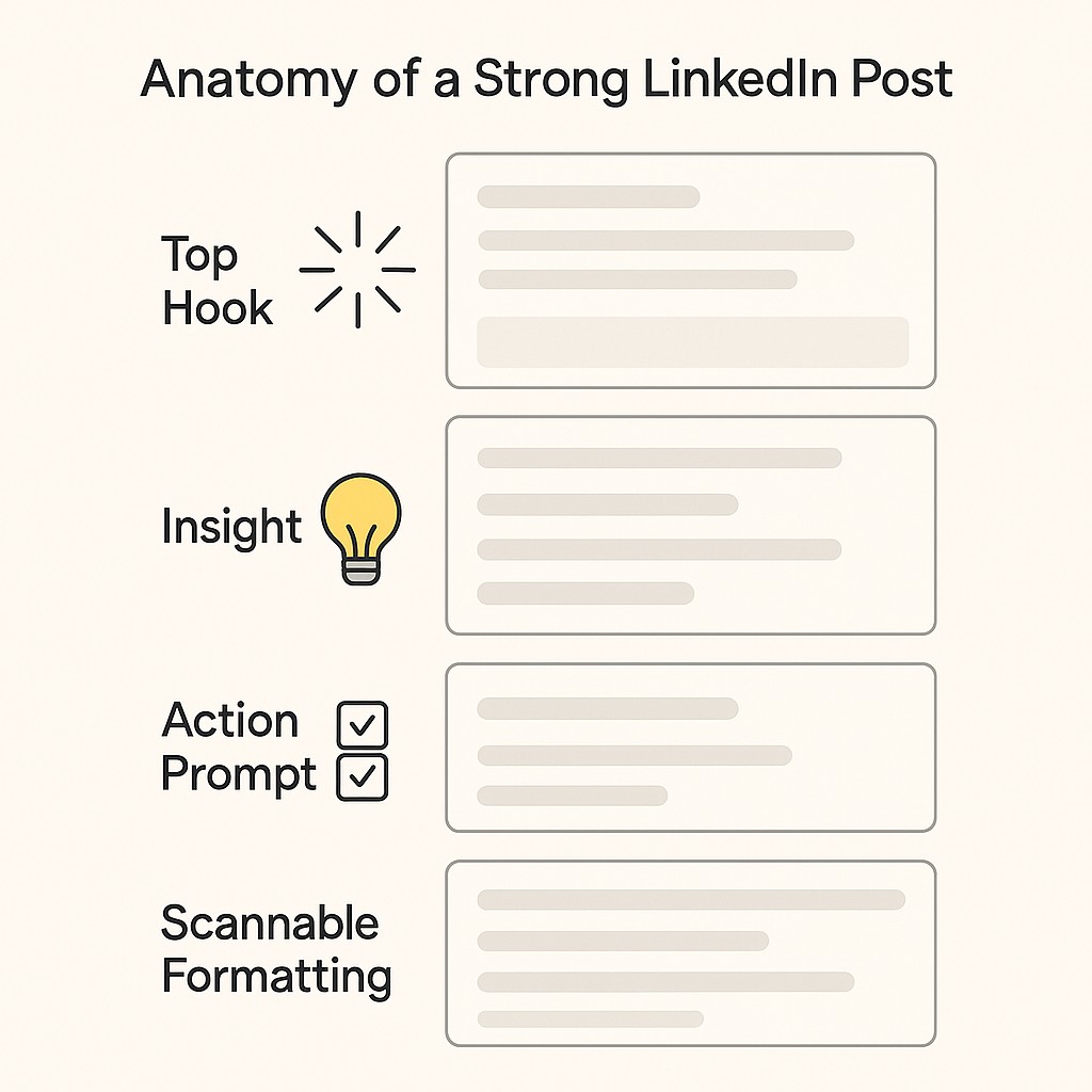 Diagram to write engaging LinkedIn posts: hook, insight, action, and formatting