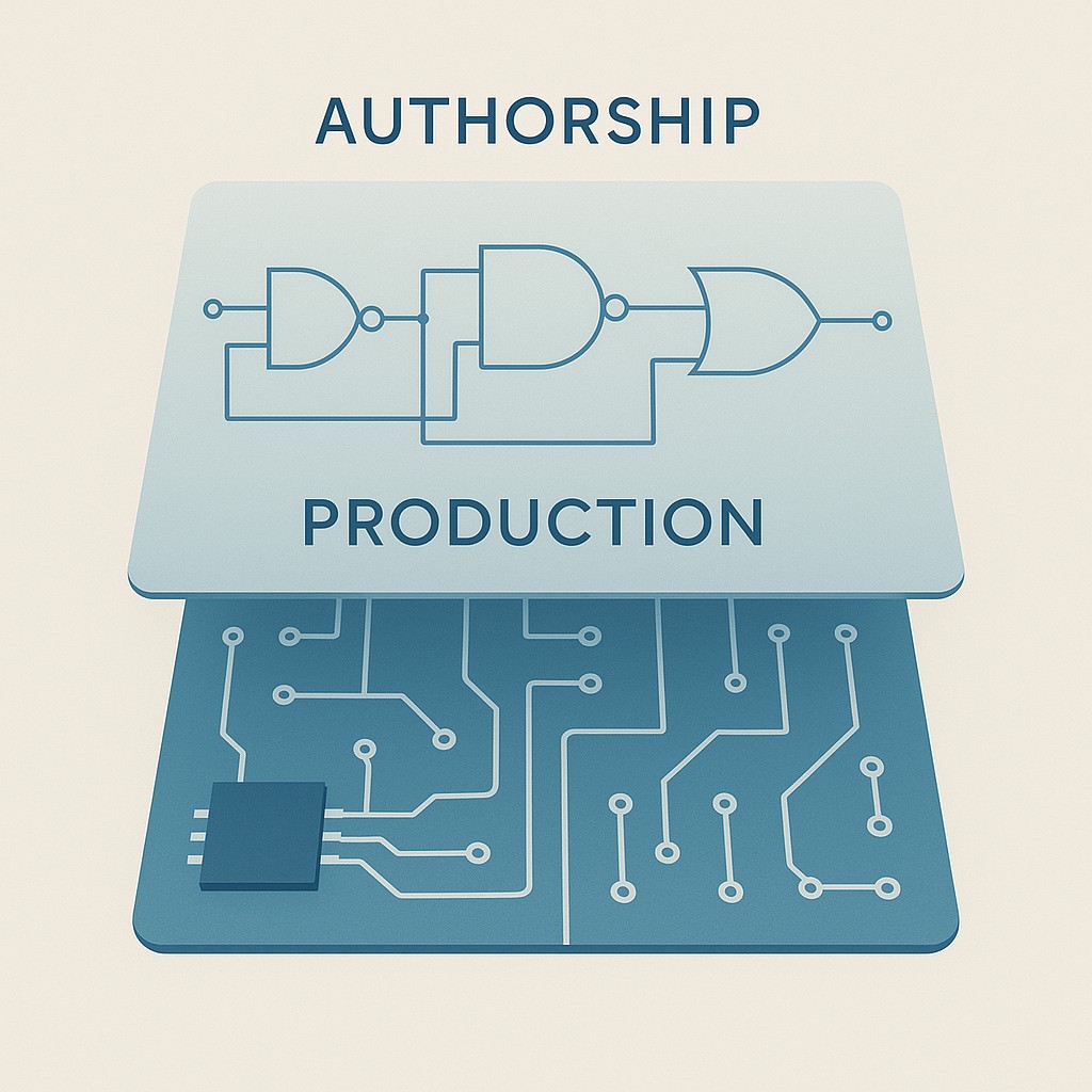 Circuit blueprint overlay labeled Authorship above soldered board labeled Production illustrating AI-assisted authorship attribution guidelines