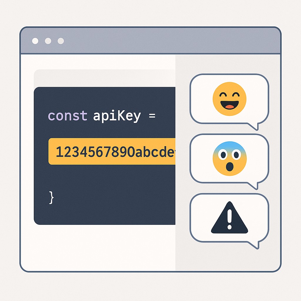 Code snippet with an exposed API key illustrating AI code security best practices and mixed emoji-comment reactions on a digital platform