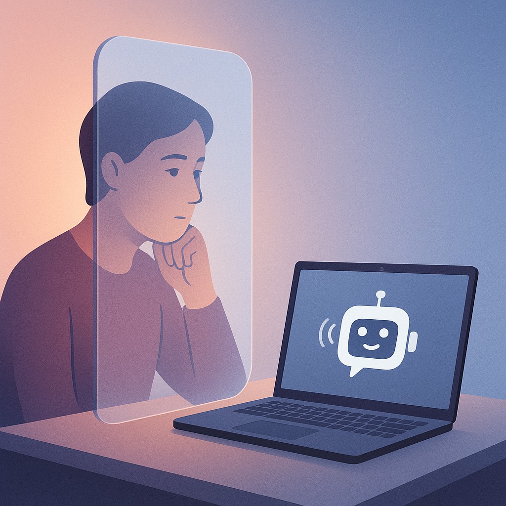 Person at desk with laptop, using AI prompts for mindset reset, a semi-transparent mirror reflecting their thoughtful expression