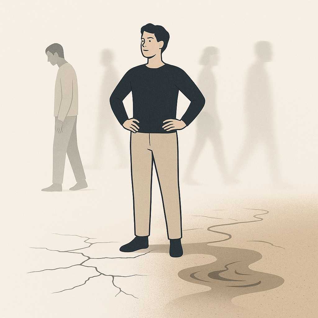 Align incentives with values illustrated: confident person standing as stable ground beneath turns to quicksand, background figures fading away