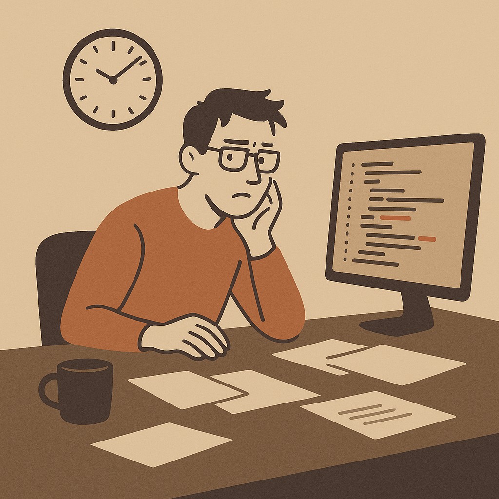 Engineer at messy desk, distracted, speed-reviewing code late at night—reminder to avoid short-term engineering decisions