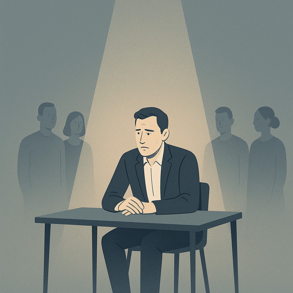 Leader working to build empathy under pressure, alone at a table under spotlight facing tense peer attention