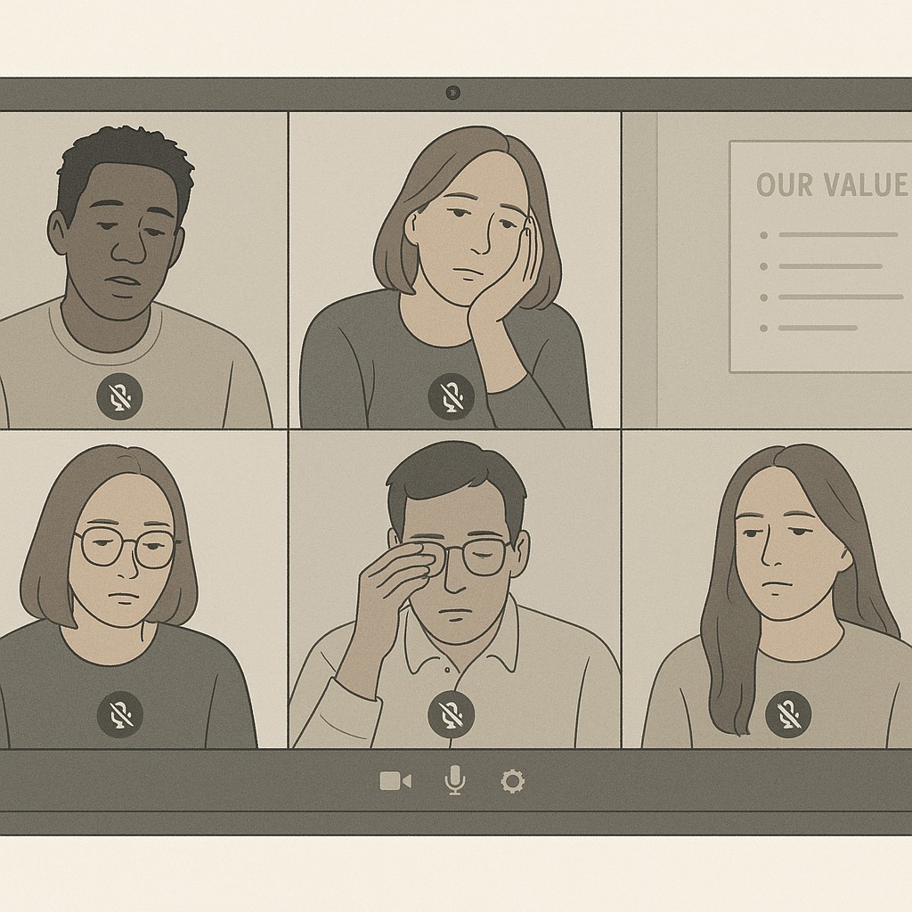 Fatigued team members on a muted video call with a distant company values poster in the background, showing the need to build engineering team culture.