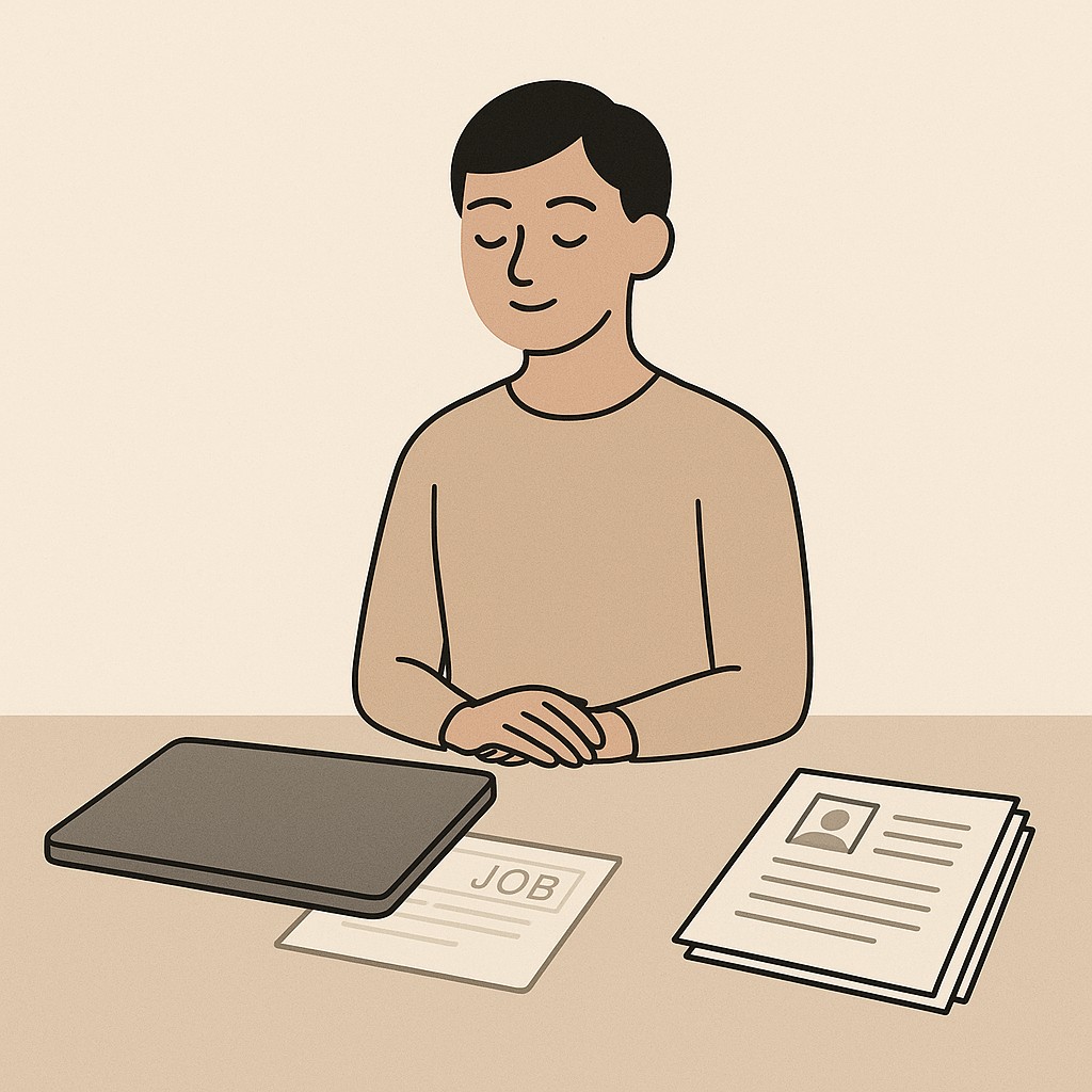 Person sitting calmly with closed laptop in an uncluttered setting, illustrating how to build a financial buffer during job transitions