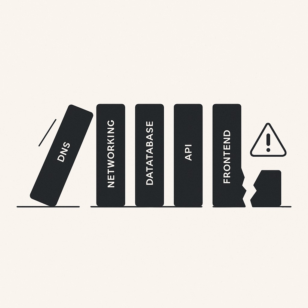 Build production-ready AI foundations illustrated as a domino chain toppling from an infrastructure misstep, ending with an error at the final layer