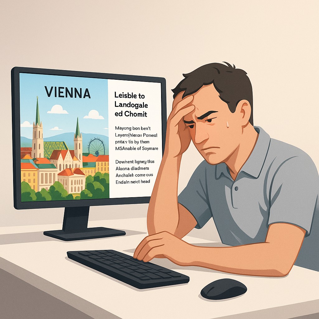 Stressed engineer reacting to unpredictable AI results alongside a Vienna photo and faulty text, highlighting the need to build reliable AI pipelines