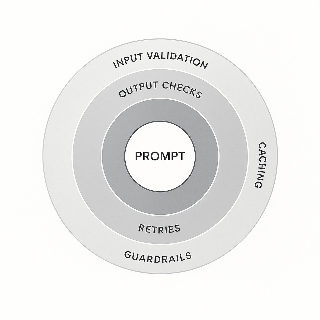 Diagrams show a prompt at center with labeled layers for validation, caching, retries, and guardrails to build reliable LLM systems