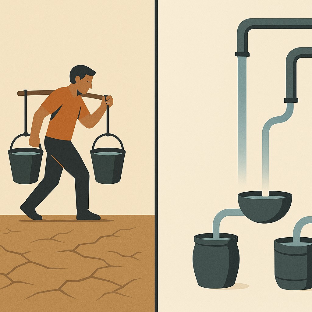 Manual hauling versus automated flow illustrating how to build self-managing teams