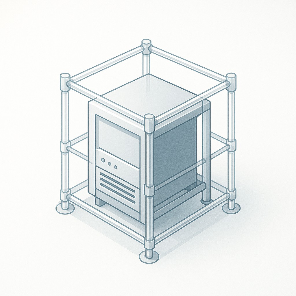 System core enclosed in transparent scaffolding with distinct supporting beams to build technical credibility with engineers