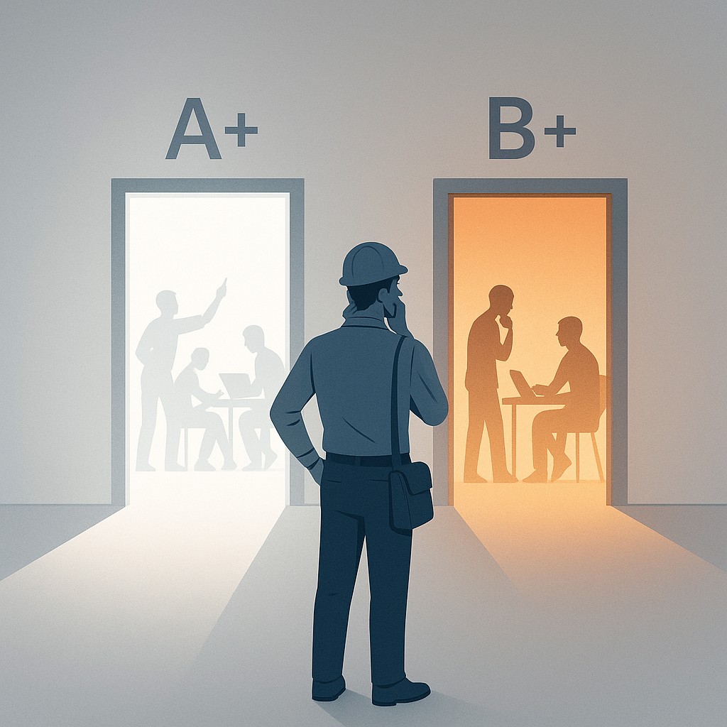 Engineer stands at a choice between a busy A+ team door and a relaxed B+ team door, aiming to choose an engineering team without burnout