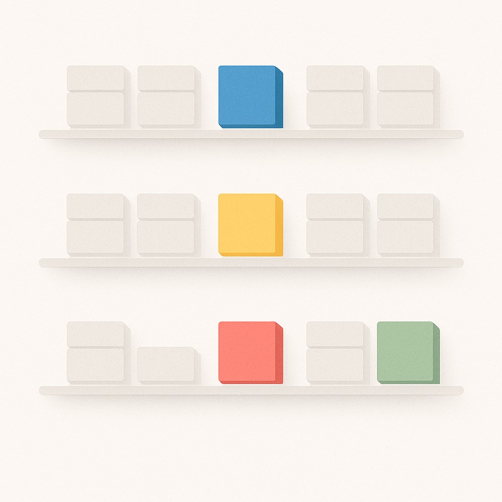 Coach engineers to solve problems illustrated by rows of feature boxes on shelves, most faded and dusty, a few vibrant and visible