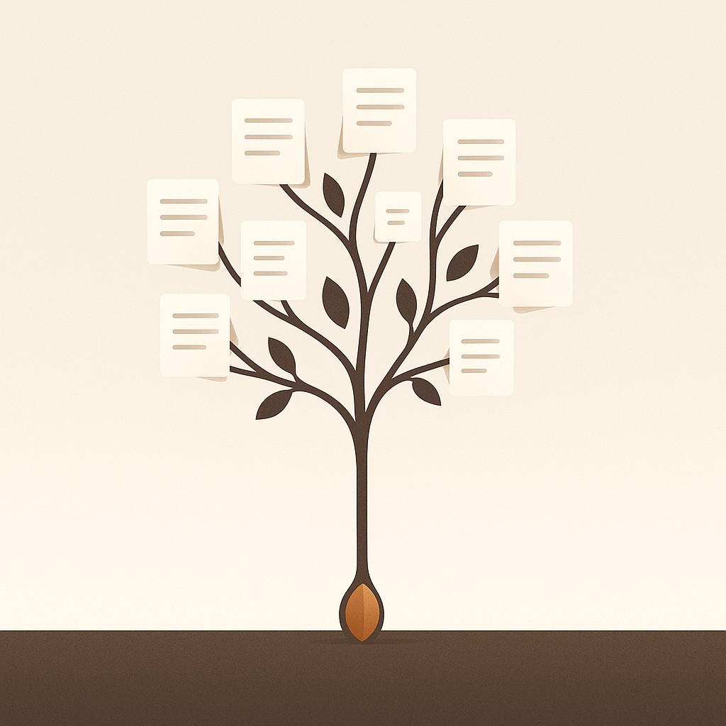 Convert short-form to evergreen content illustrated as a seed growing into a tree with article pages as leaves and fruit