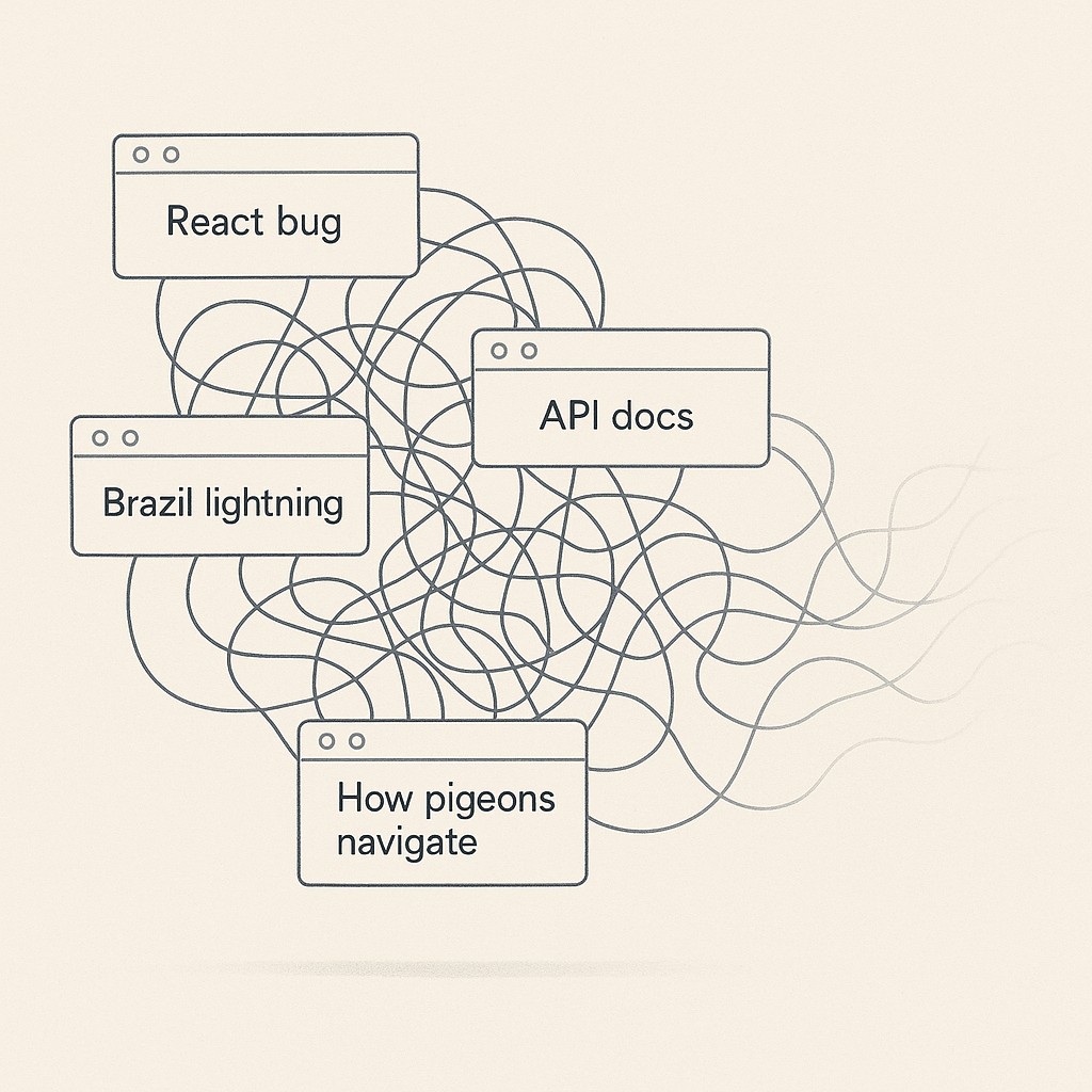 Chaotic cluster of browser tabs tied by fuzzy lines, illustrating how to design AI research workflow—some purposeful, some tangential