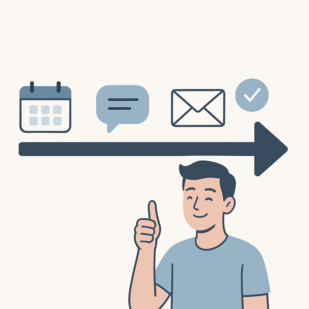 Sequence of calendar icons and chat bubbles showing how to design a respectful engineering interview process with progress updates reaching a candidate