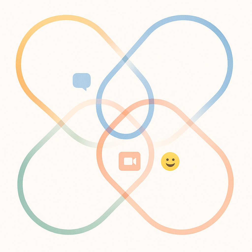 Overlapping colored paths with digital icons at intersections, illustrating designing serendipity for remote teams, against a clean background