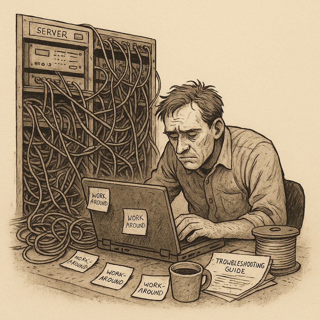 Exhausted consultant fixing tangled legacy tech with sticky notes and patch cables, illustrating how to differentiate when AI commoditizes knowledge