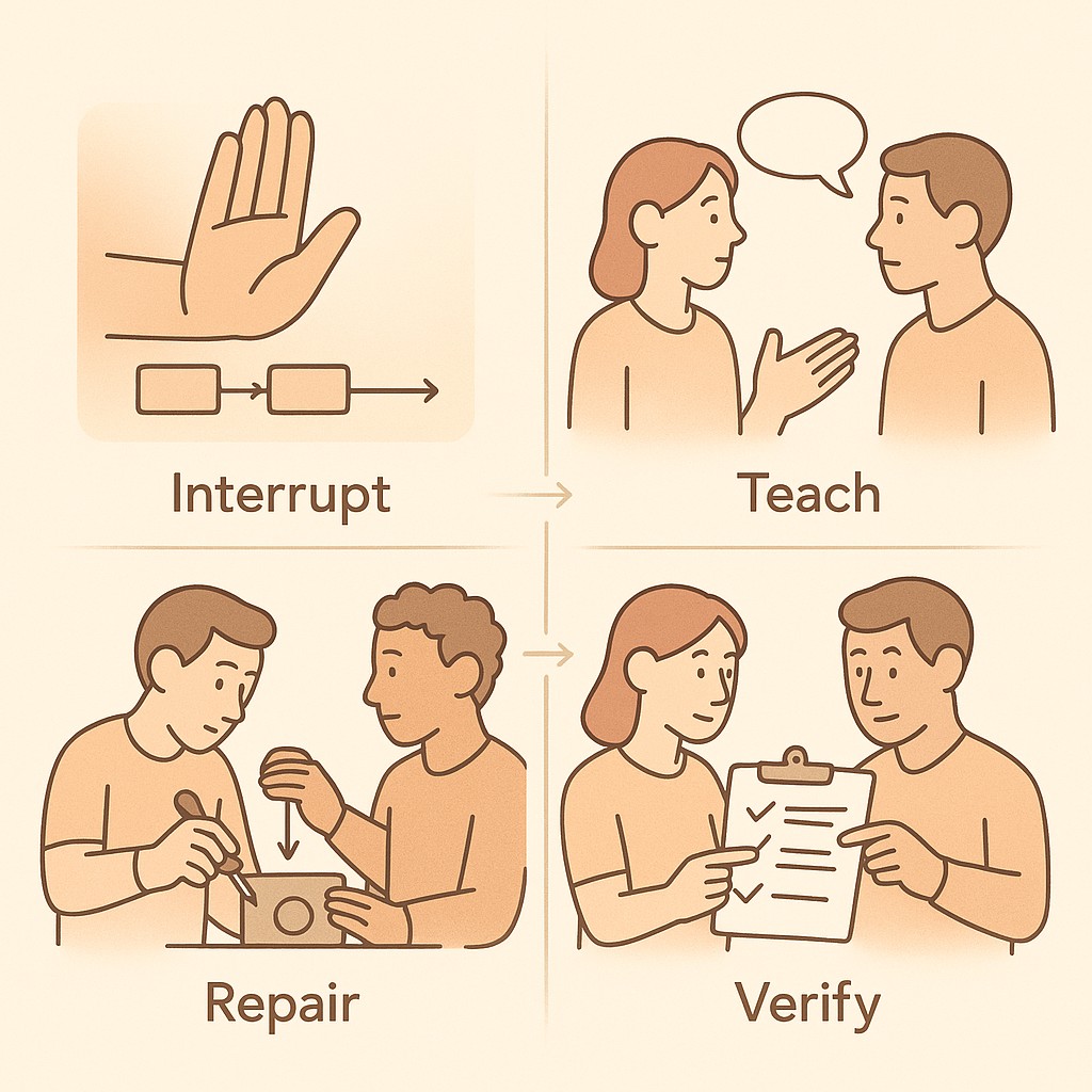 Four labeled stages to enforce standards without punishment, from interrupting a mistake to verifying accountability