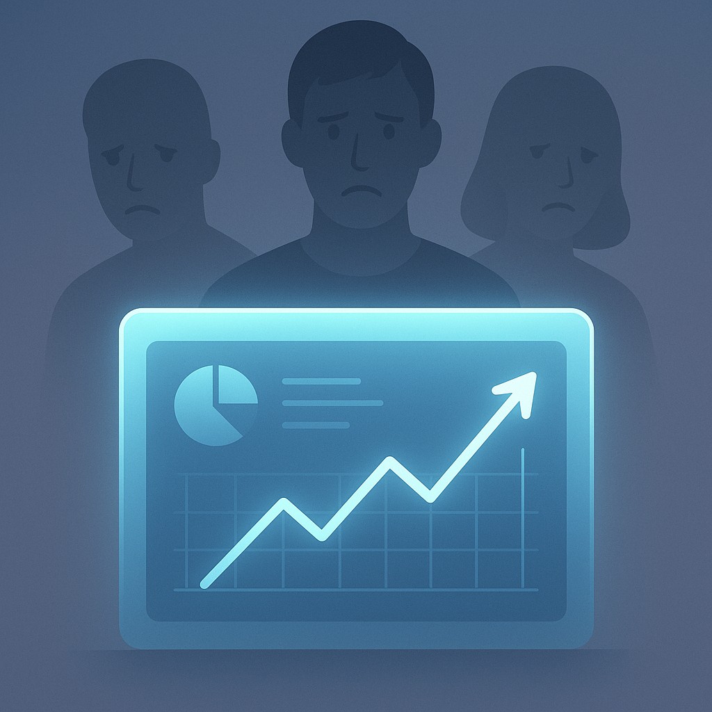 Glowing dashboard with upward graph, shadowy figures behind it, suggesting hidden costs when you evaluate AI decision quality