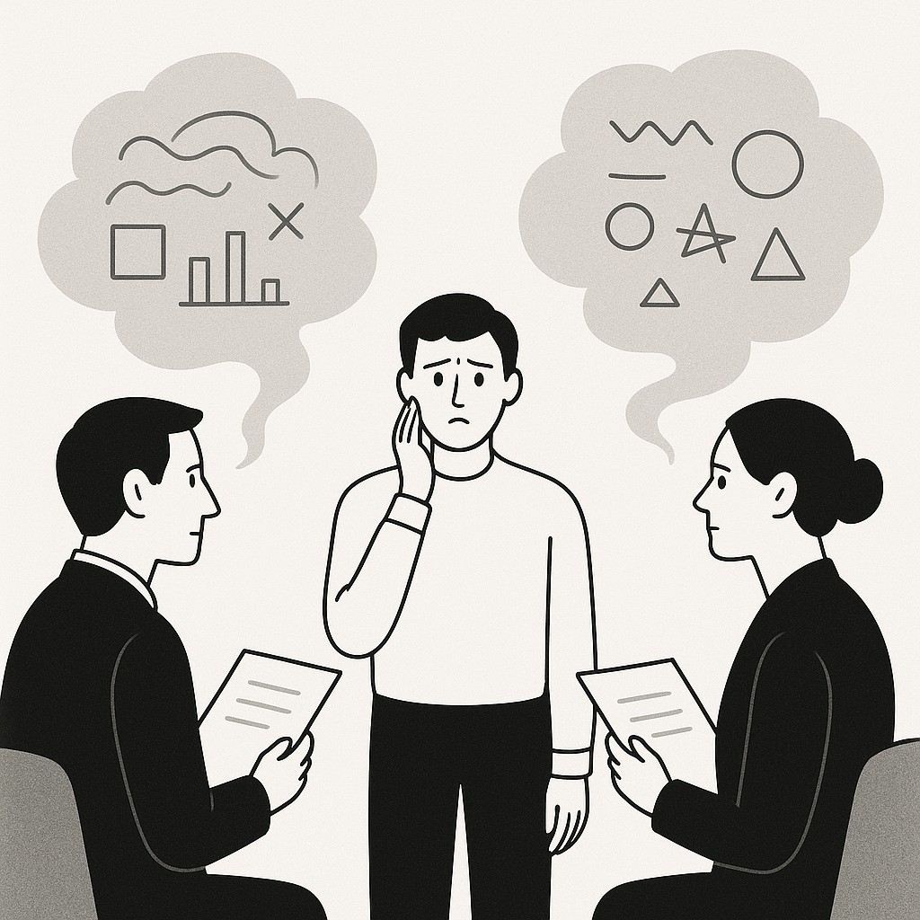 Two evaluators with cloudy checklist bubbles facing a puzzled candidate at center, underscoring the need for first principles performance criteria